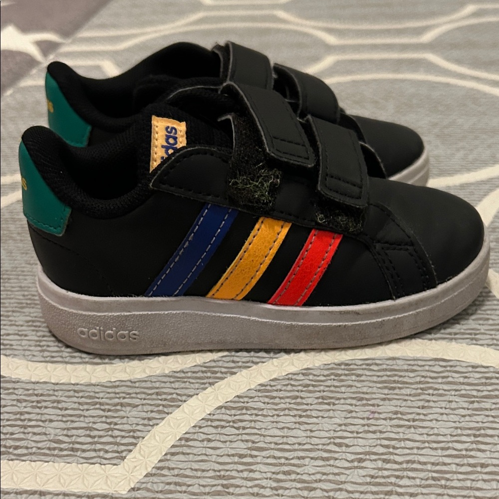 Adidas Kids Black Sneakers with Multicolor Stripes